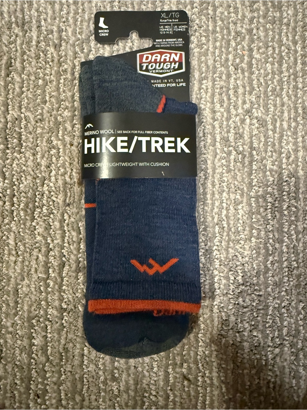 Darn Tough Men's XL Merino Wool Hike Trek Micro Crew Cushioned Socks NWT